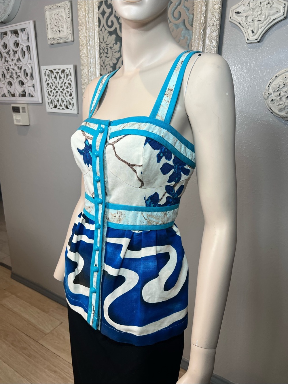 Tracy Reese Blue, Turquoise and White Floral Print Peplum Camisole - Picture 3 of 7